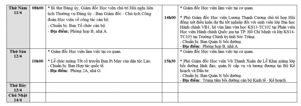 Lịch tuần từ 08/4 đến 14/04